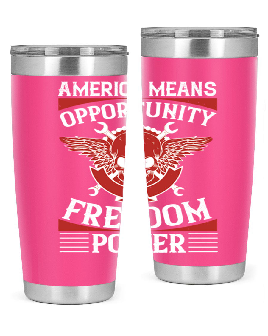 America means opportunity tumbler featuring a patriotic design, made of double wall vacuum stainless steel with copper lining.