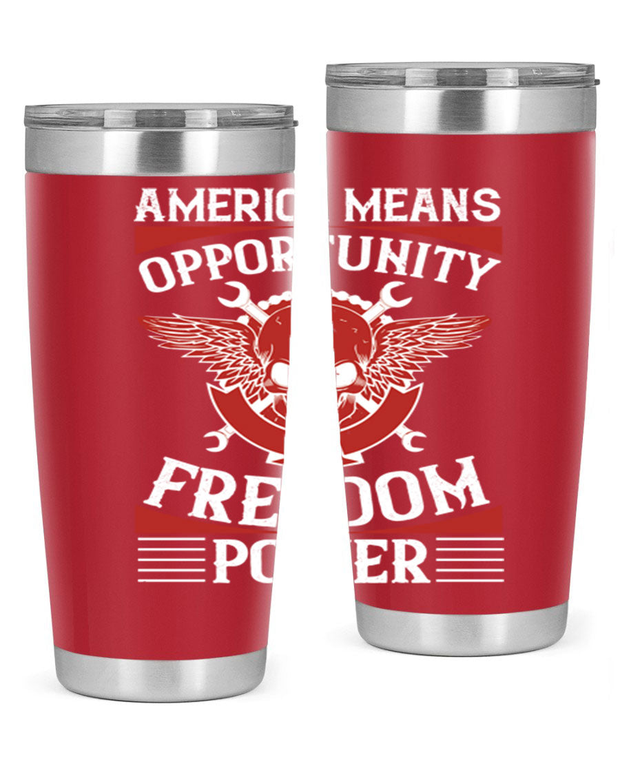 America means opportunity tumbler featuring a patriotic design, made of double wall vacuum stainless steel with copper lining.
