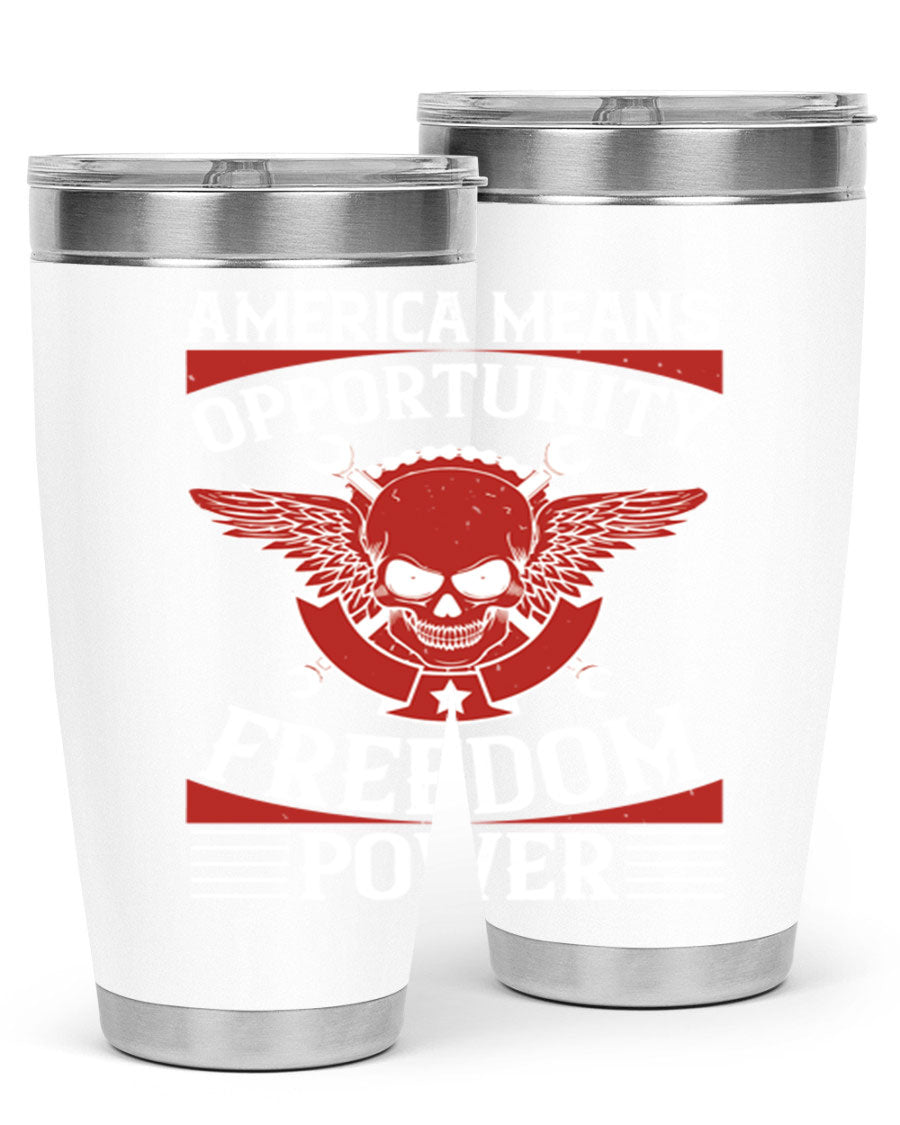 America means opportunity tumbler featuring a patriotic design, made of double wall vacuum stainless steel with copper lining.
