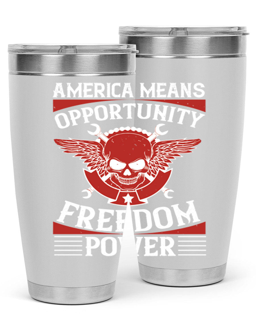 America means opportunity tumbler featuring a patriotic design, made of double wall vacuum stainless steel with copper lining.