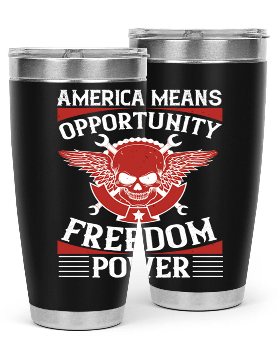 America means opportunity tumbler featuring a patriotic design, made of double wall vacuum stainless steel with copper lining.