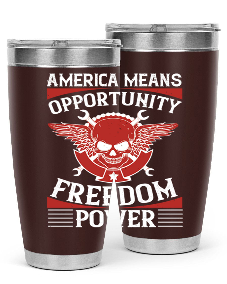 America means opportunity tumbler featuring a patriotic design, made of double wall vacuum stainless steel with copper lining.