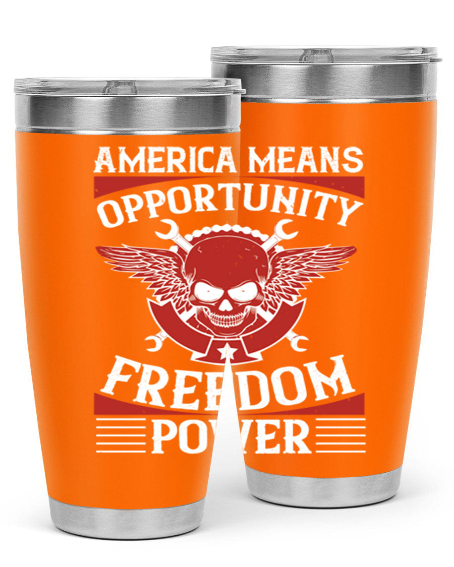 America means opportunity tumbler featuring a patriotic design, made of double wall vacuum stainless steel with copper lining.