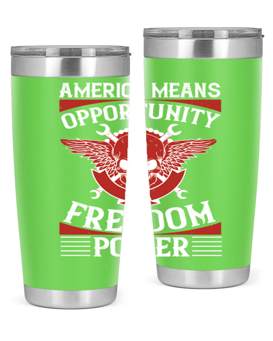 America means opportunity tumbler featuring a patriotic design, made of double wall vacuum stainless steel with copper lining.