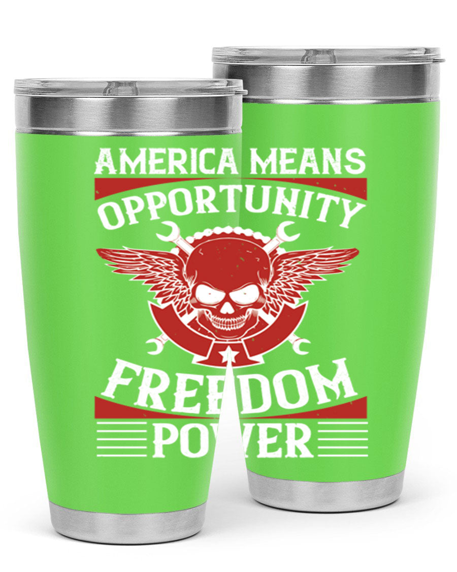 America means opportunity tumbler featuring a patriotic design, made of double wall vacuum stainless steel with copper lining.