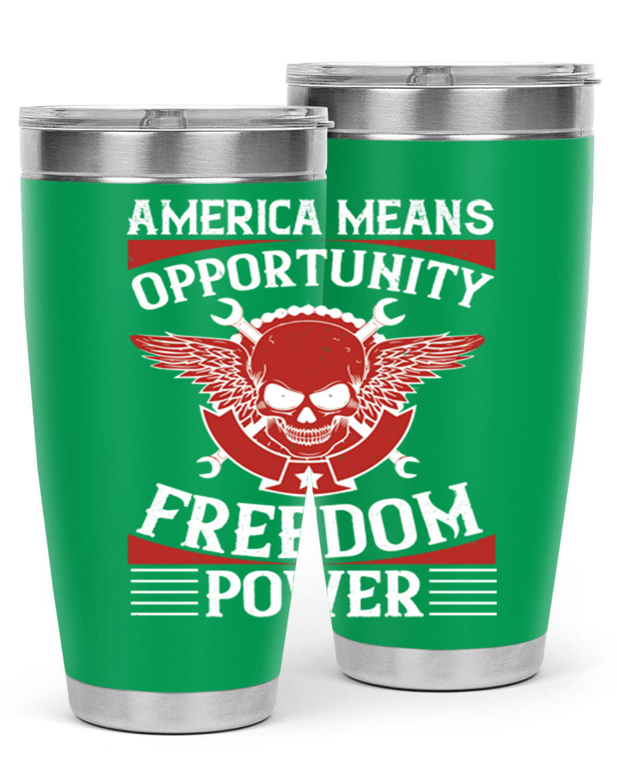 America means opportunity tumbler featuring a patriotic design, made of double wall vacuum stainless steel with copper lining.