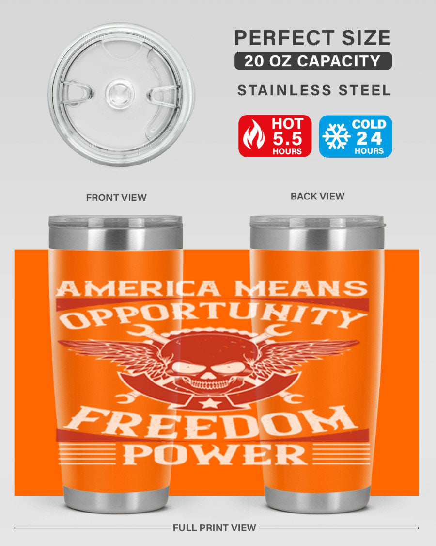America means opportunity tumbler featuring a patriotic design, made of double wall vacuum stainless steel with copper lining.