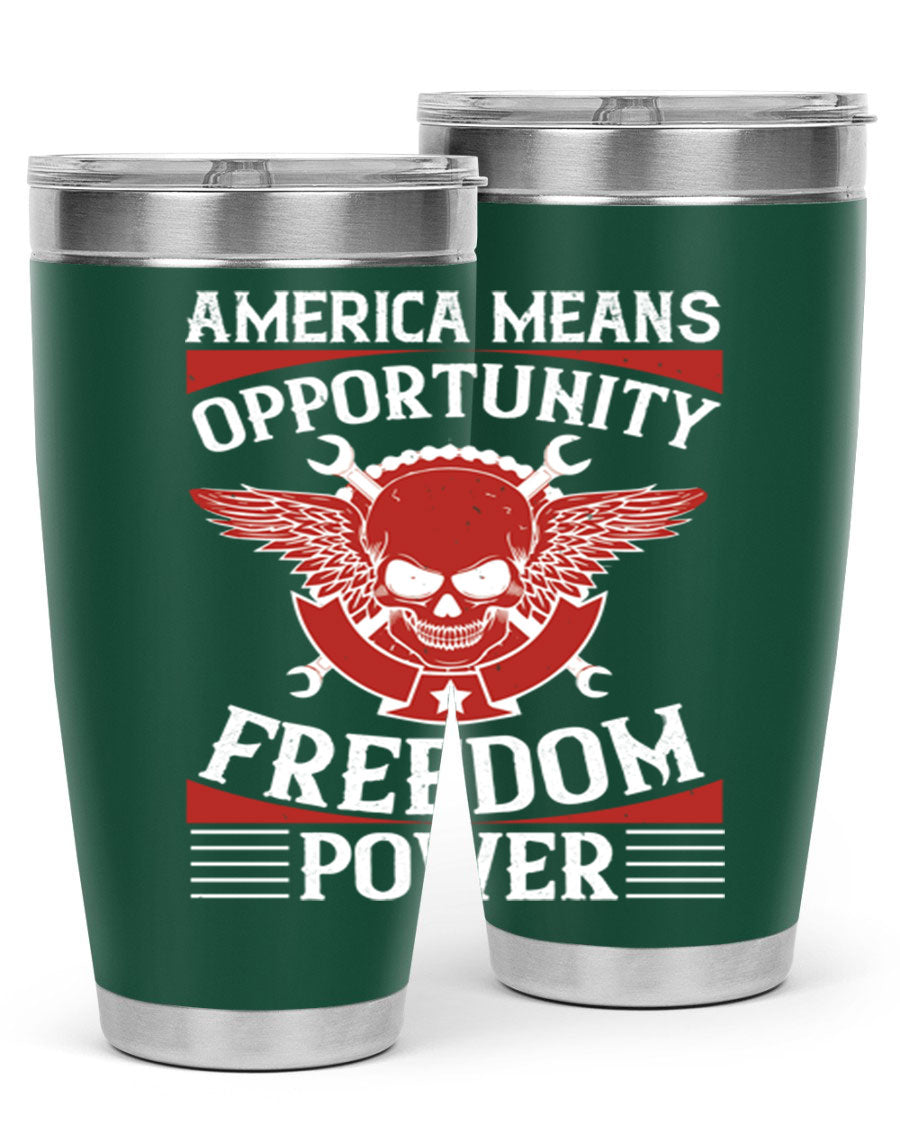America means opportunity tumbler featuring a patriotic design, made of double wall vacuum stainless steel with copper lining.