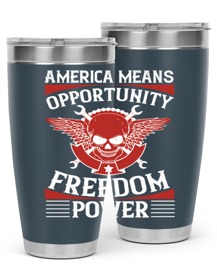 America means opportunity tumbler featuring a patriotic design, made of double wall vacuum stainless steel with copper lining.