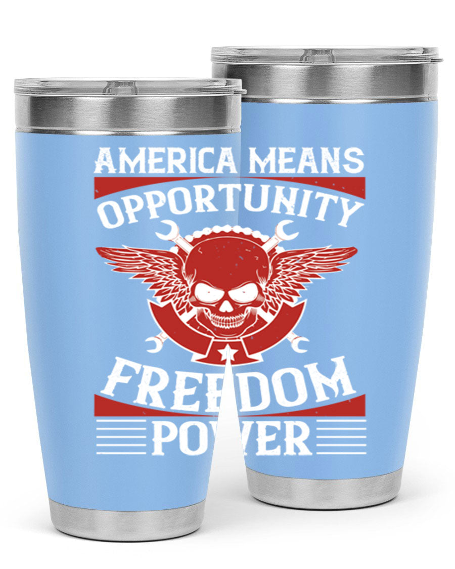 America means opportunity tumbler featuring a patriotic design, made of double wall vacuum stainless steel with copper lining.