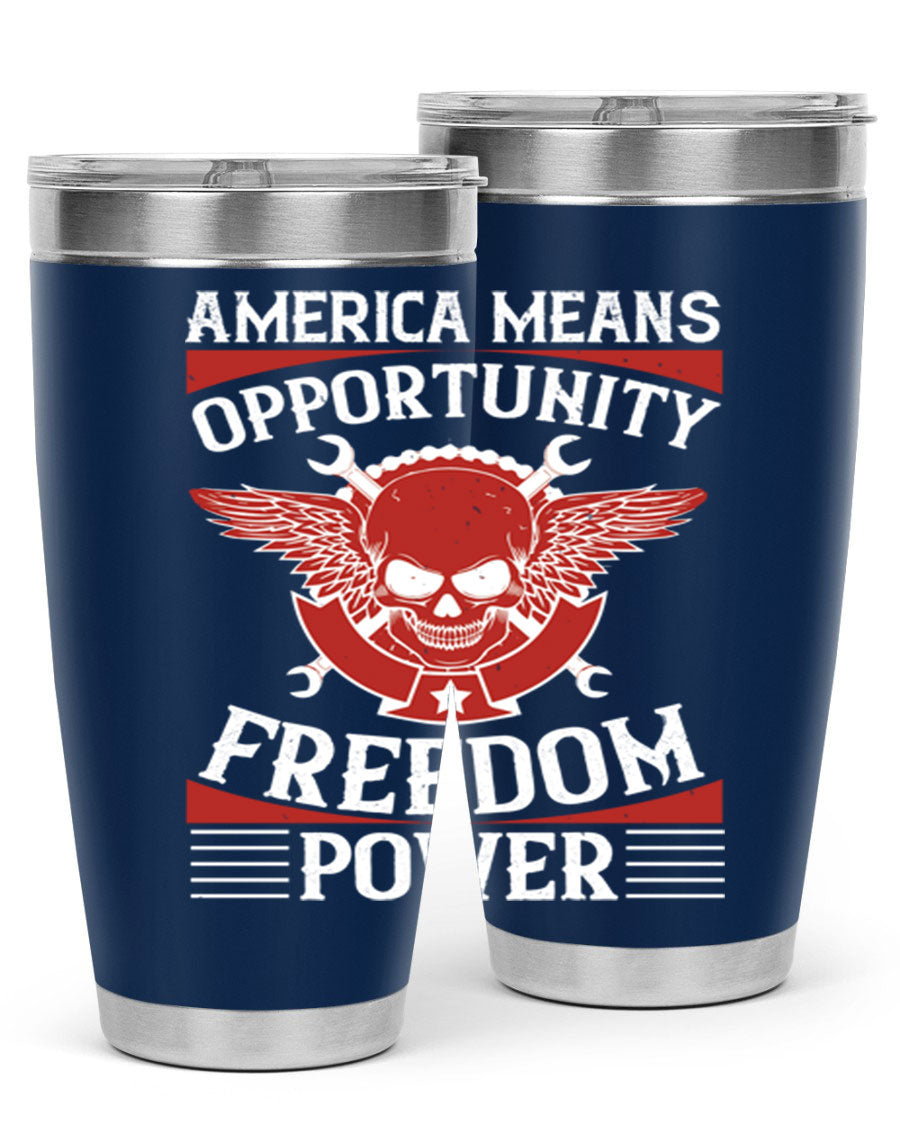 America means opportunity tumbler featuring a patriotic design, made of double wall vacuum stainless steel with copper lining.