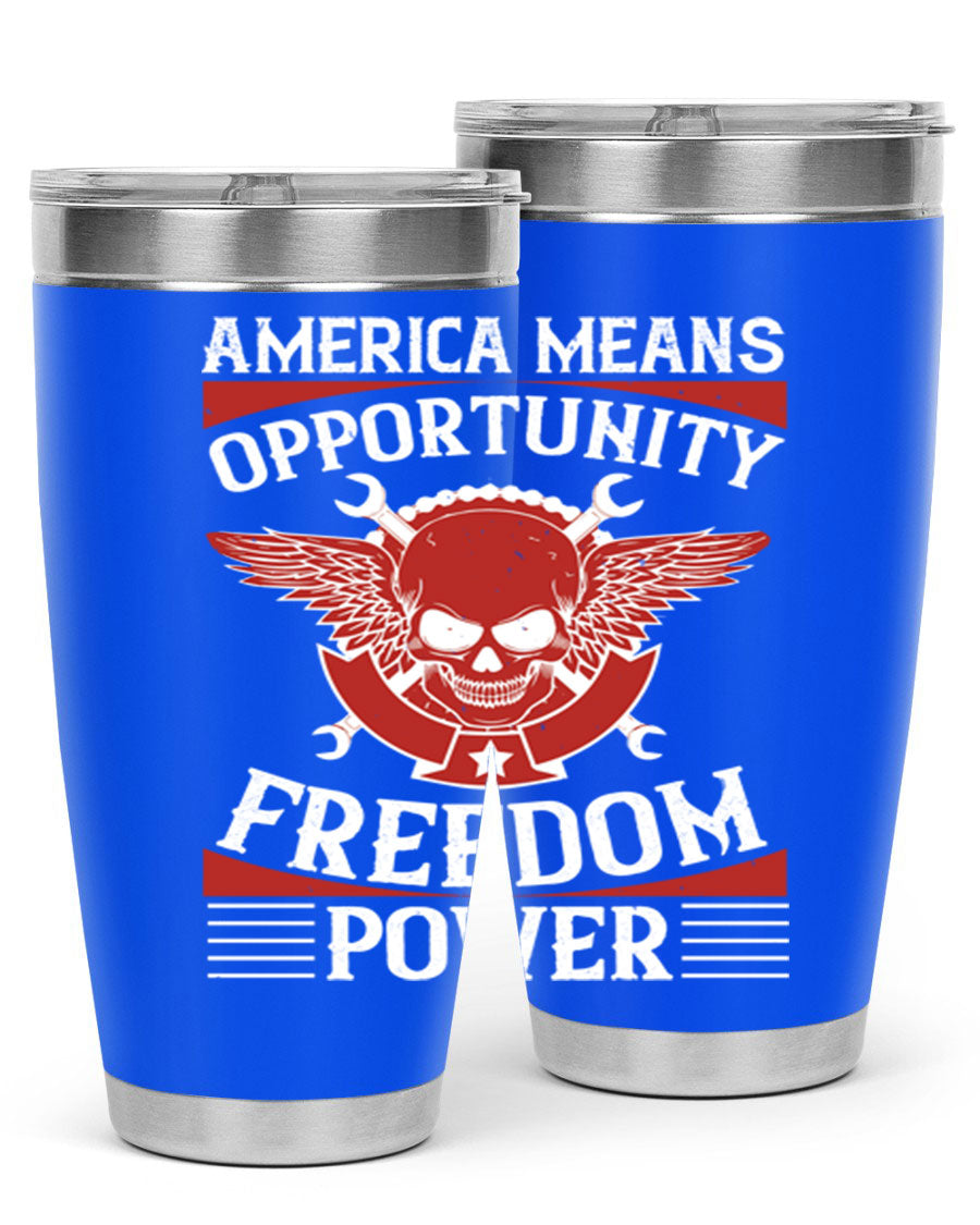America means opportunity tumbler featuring a patriotic design, made of double wall vacuum stainless steel with copper lining.