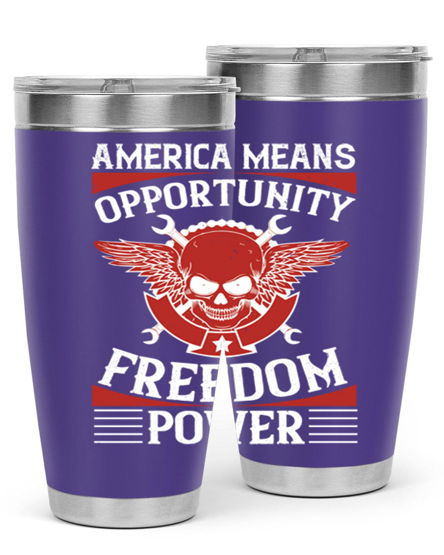 America means opportunity tumbler featuring a patriotic design, made of double wall vacuum stainless steel with copper lining.
