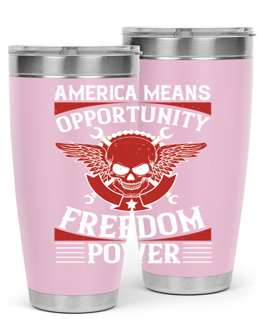 America means opportunity tumbler featuring a patriotic design, made of double wall vacuum stainless steel with copper lining.