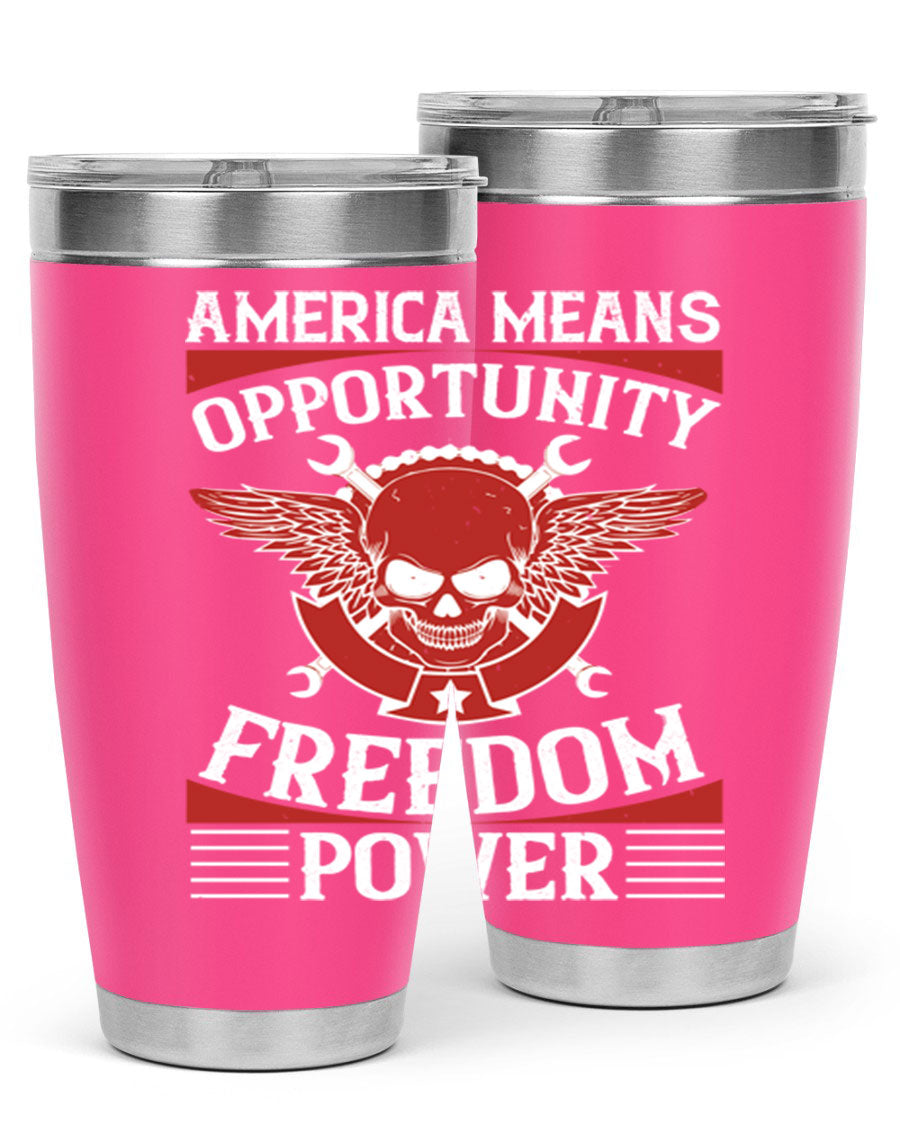 America means opportunity tumbler featuring a patriotic design, made of double wall vacuum stainless steel with copper lining.