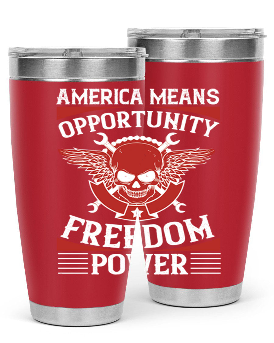 America means opportunity tumbler featuring a patriotic design, made of double wall vacuum stainless steel with copper lining.