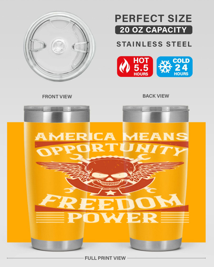 America means opportunity tumbler featuring a patriotic design, made of double wall vacuum stainless steel with copper lining.