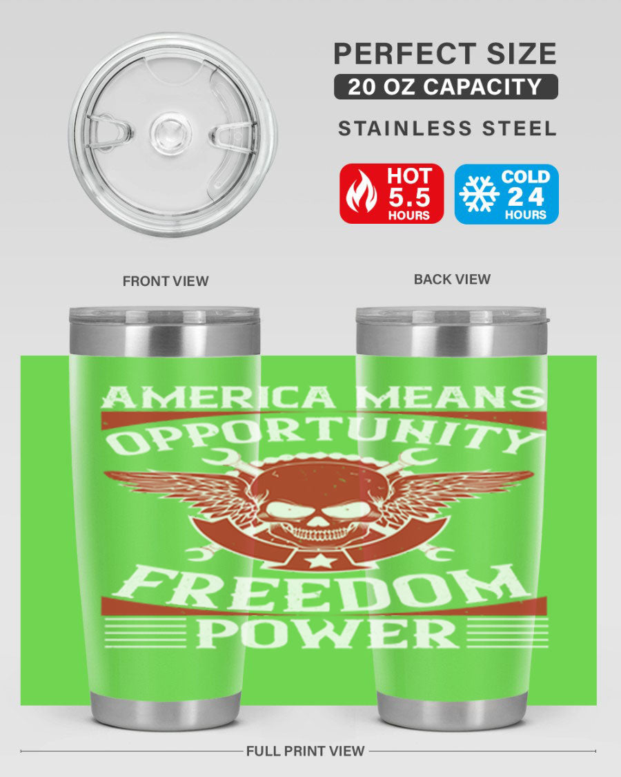 America means opportunity tumbler featuring a patriotic design, made of double wall vacuum stainless steel with copper lining.