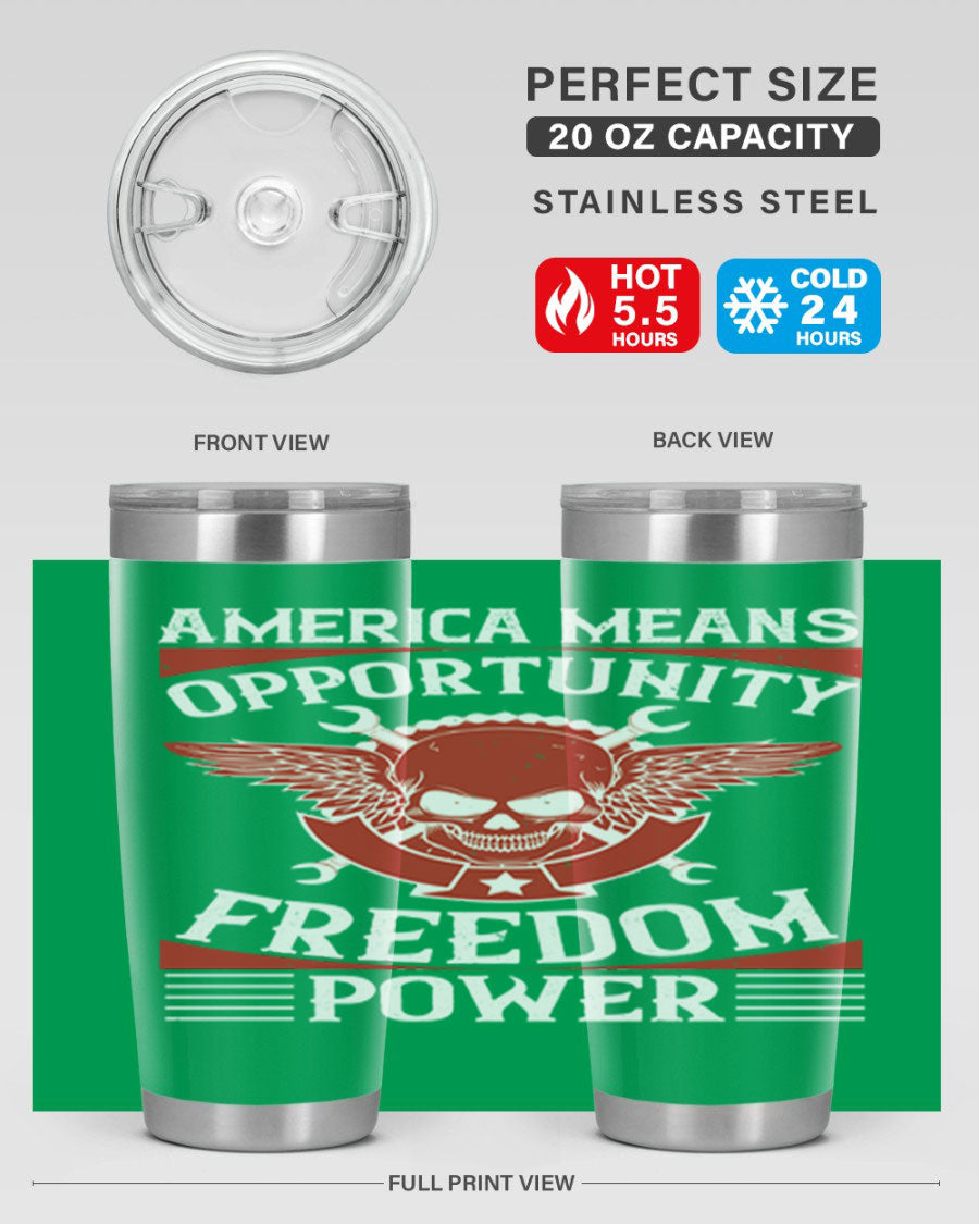 America means opportunity tumbler featuring a patriotic design, made of double wall vacuum stainless steel with copper lining.