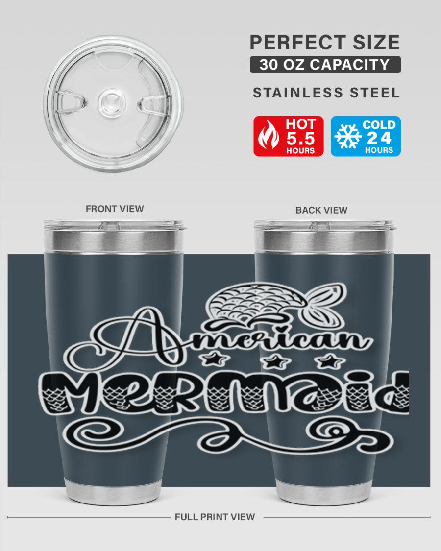American Mermaid 15# Tumbler, a stylish 20oz stainless steel tumbler with a copper lining and a drink-thru lid, perfect for hot and cold beverages.