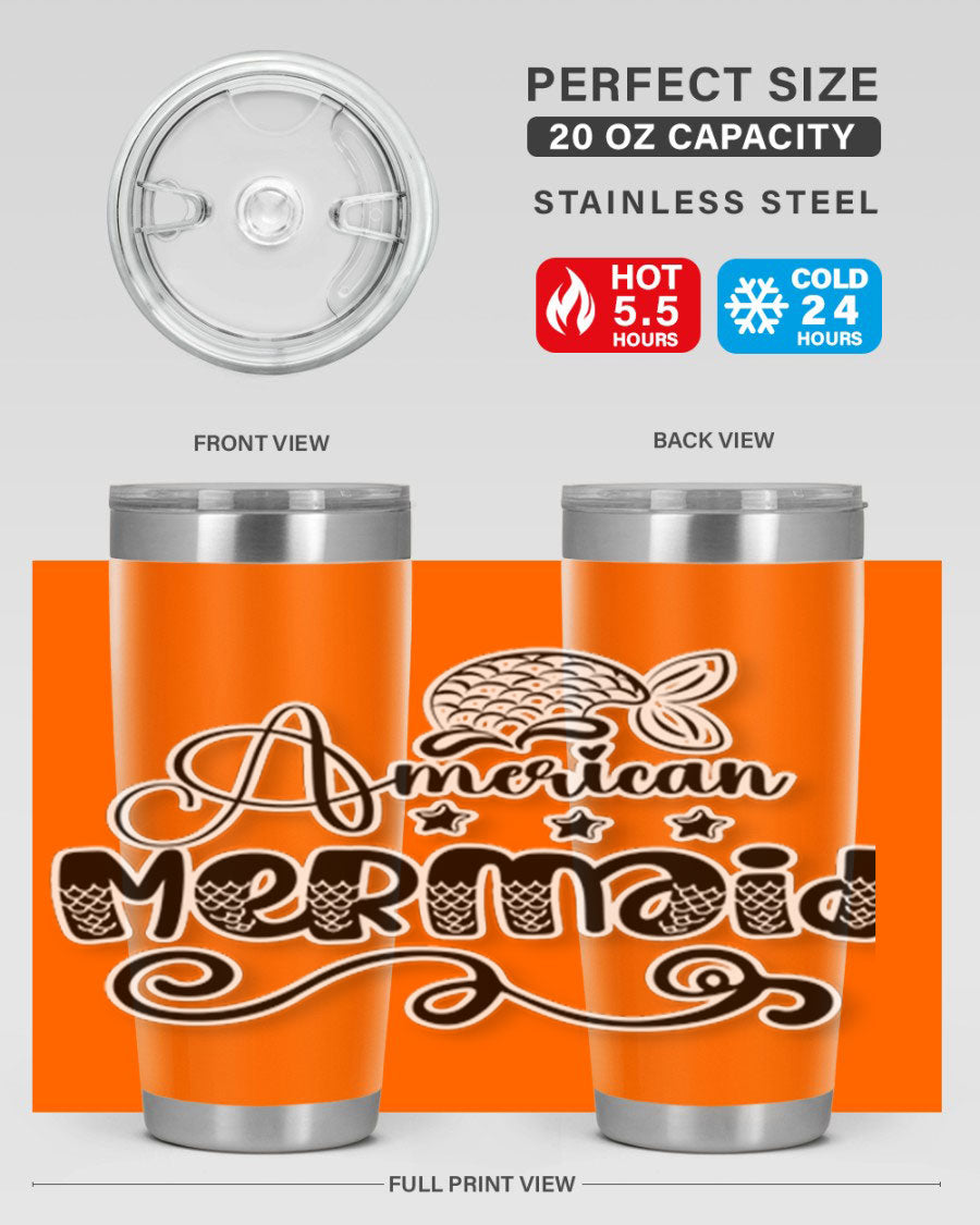American Mermaid 15# Tumbler, a stylish 20oz stainless steel tumbler with a copper lining and a drink-thru lid, perfect for hot and cold beverages.