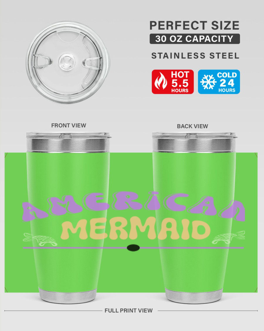 American Mermaid 20oz Tumbler made of stainless steel with a vibrant mermaid design, featuring a drink-thru lid.