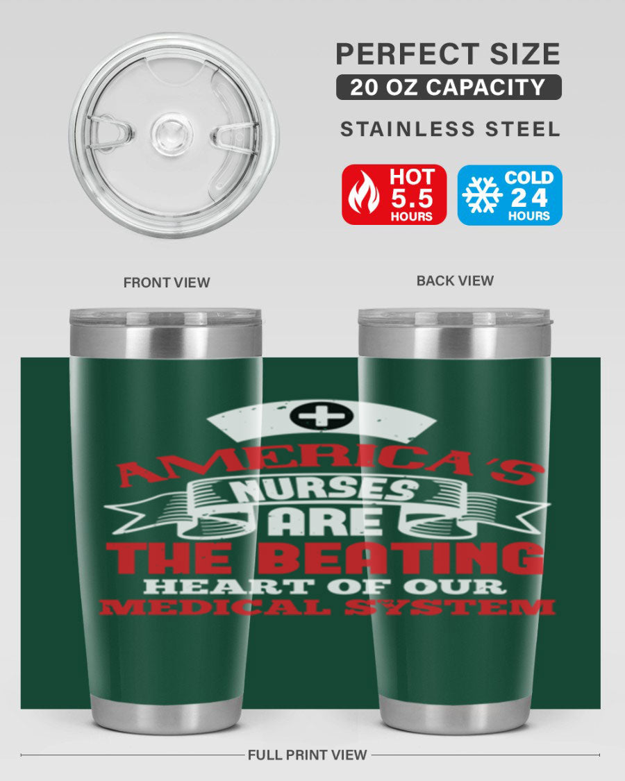 America's Nurses Style 295# tumbler in stainless steel with a vibrant print, showcasing its double wall vacuum design and drink-thru lid.
