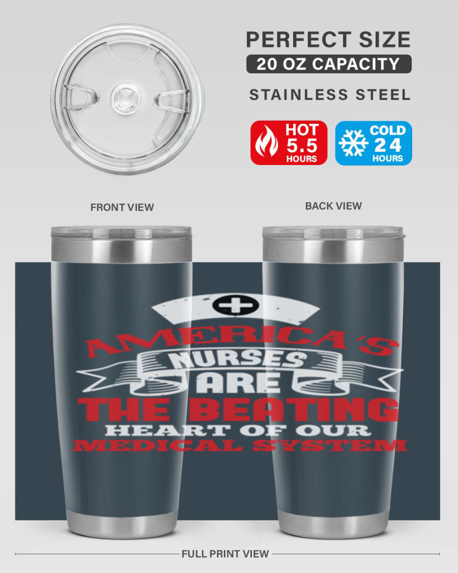 America's Nurses Style 295# tumbler in stainless steel with a vibrant print, showcasing its double wall vacuum design and drink-thru lid.