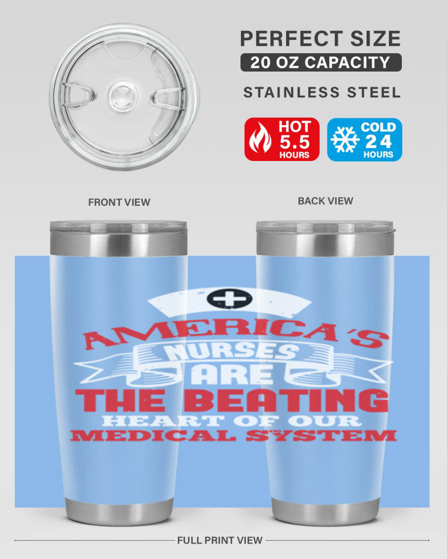 America's Nurses Style 295# tumbler in stainless steel with a vibrant print, showcasing its double wall vacuum design and drink-thru lid.