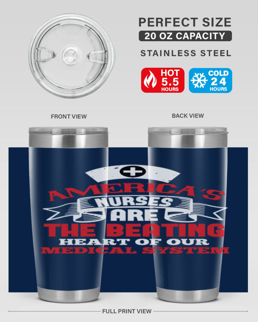 America's Nurses Style 295# tumbler in stainless steel with a vibrant print, showcasing its double wall vacuum design and drink-thru lid.
