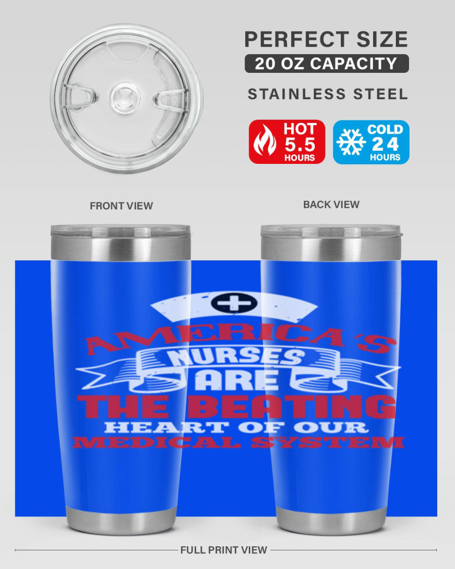 America's Nurses Style 295# tumbler in stainless steel with a vibrant print, showcasing its double wall vacuum design and drink-thru lid.