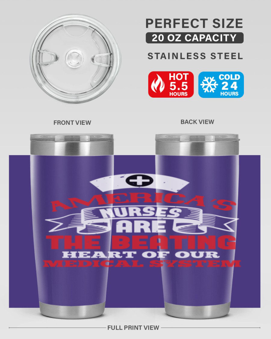 America's Nurses Style 295# tumbler in stainless steel with a vibrant print, showcasing its double wall vacuum design and drink-thru lid.