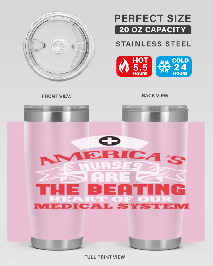 America's Nurses Style 295# tumbler in stainless steel with a vibrant print, showcasing its double wall vacuum design and drink-thru lid.