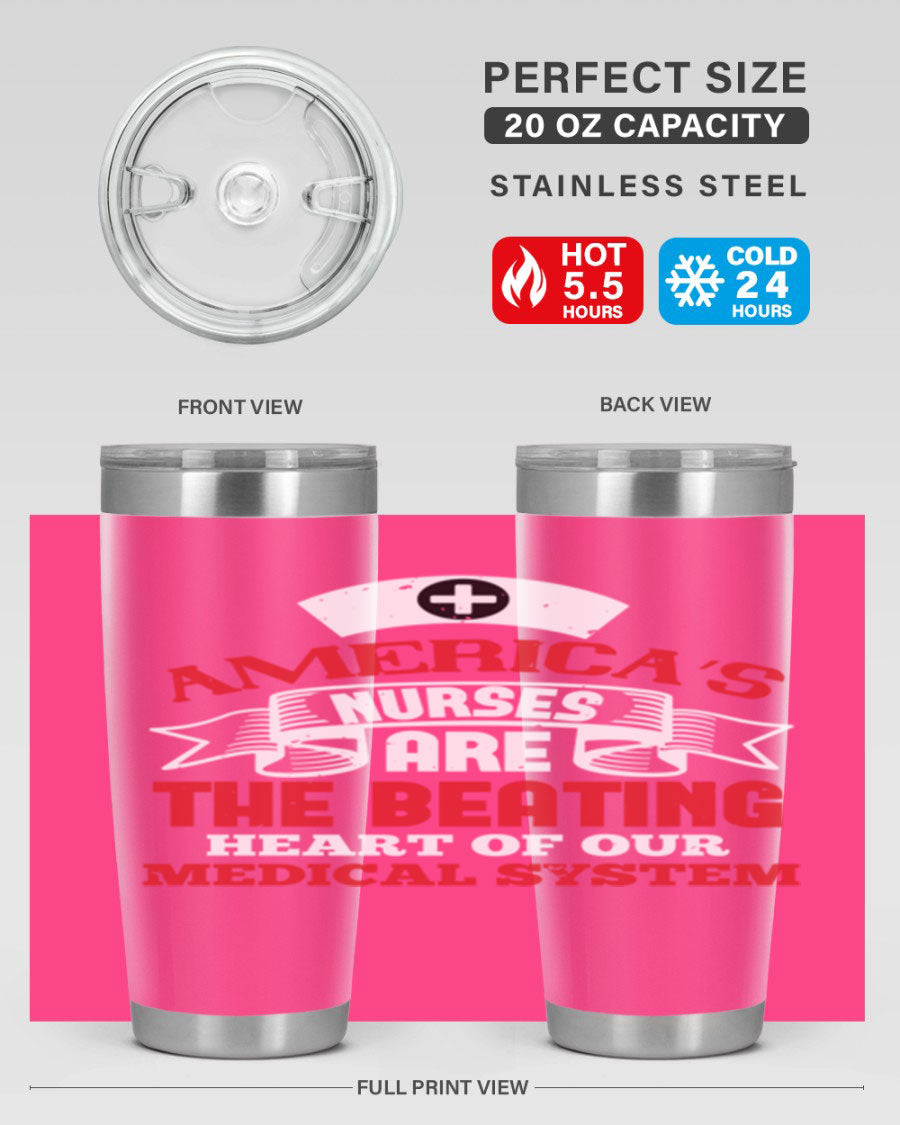 America's Nurses Style 295# tumbler in stainless steel with a vibrant print, showcasing its double wall vacuum design and drink-thru lid.