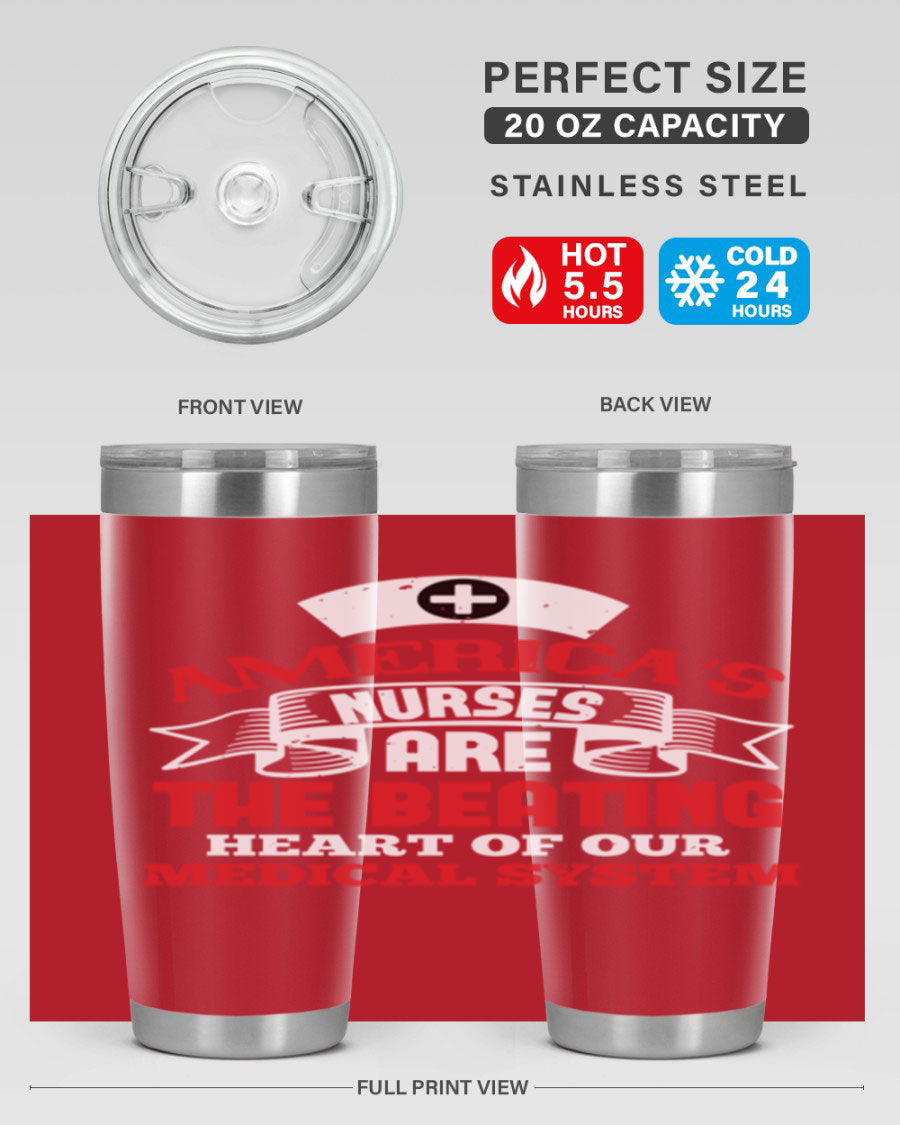 America's Nurses Style 295# tumbler in stainless steel with a vibrant print, showcasing its double wall vacuum design and drink-thru lid.