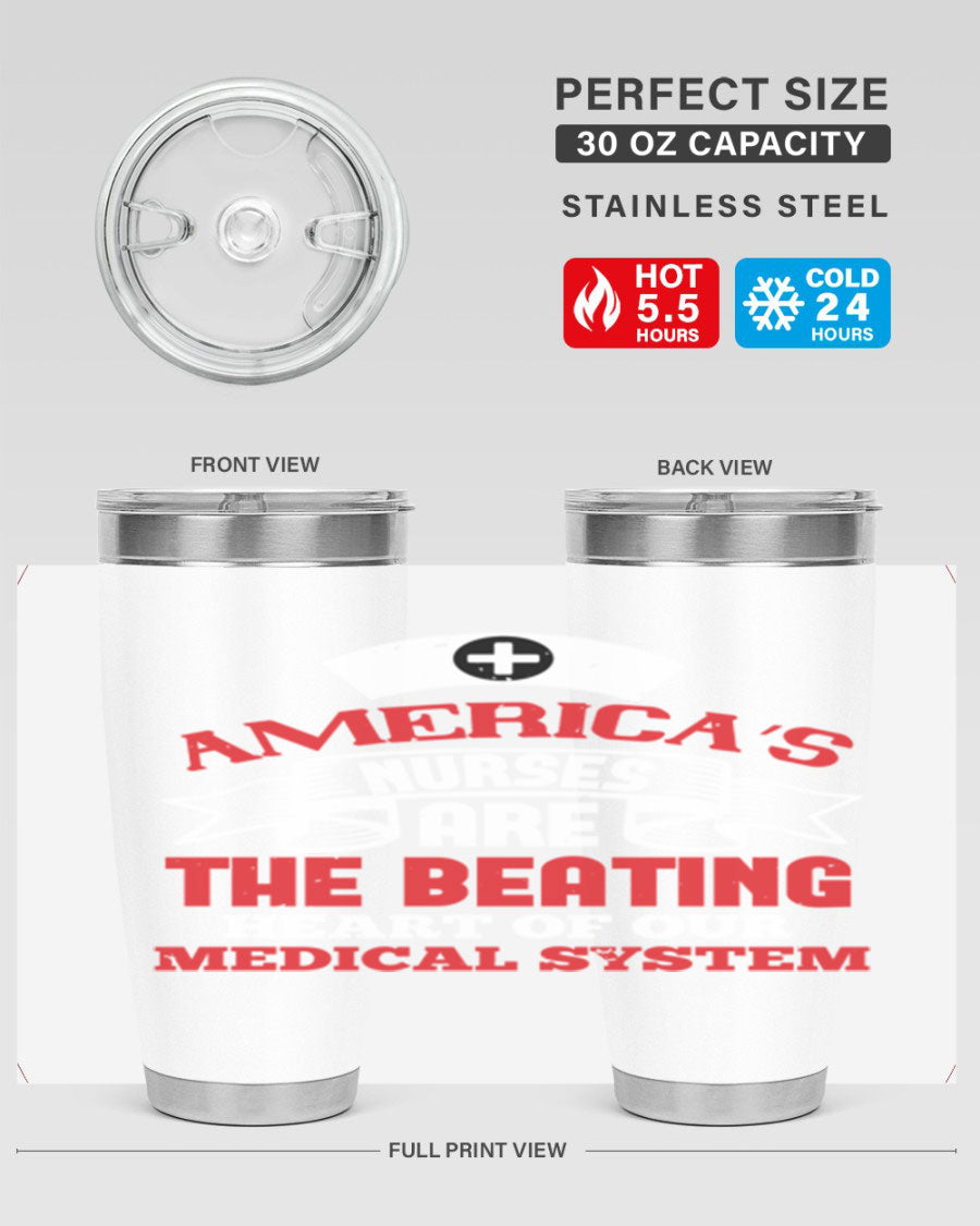 America's Nurses Style 295# tumbler in stainless steel with a vibrant print, showcasing its double wall vacuum design and drink-thru lid.