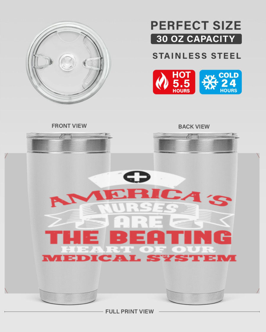 America's Nurses Style 295# tumbler in stainless steel with a vibrant print, showcasing its double wall vacuum design and drink-thru lid.