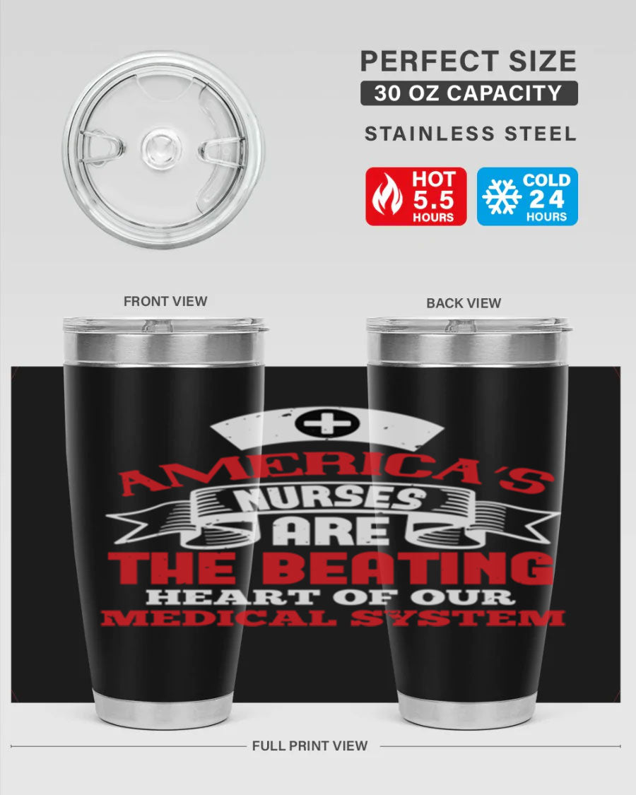 America's Nurses Style 295# tumbler in stainless steel with a vibrant print, showcasing its double wall vacuum design and drink-thru lid.