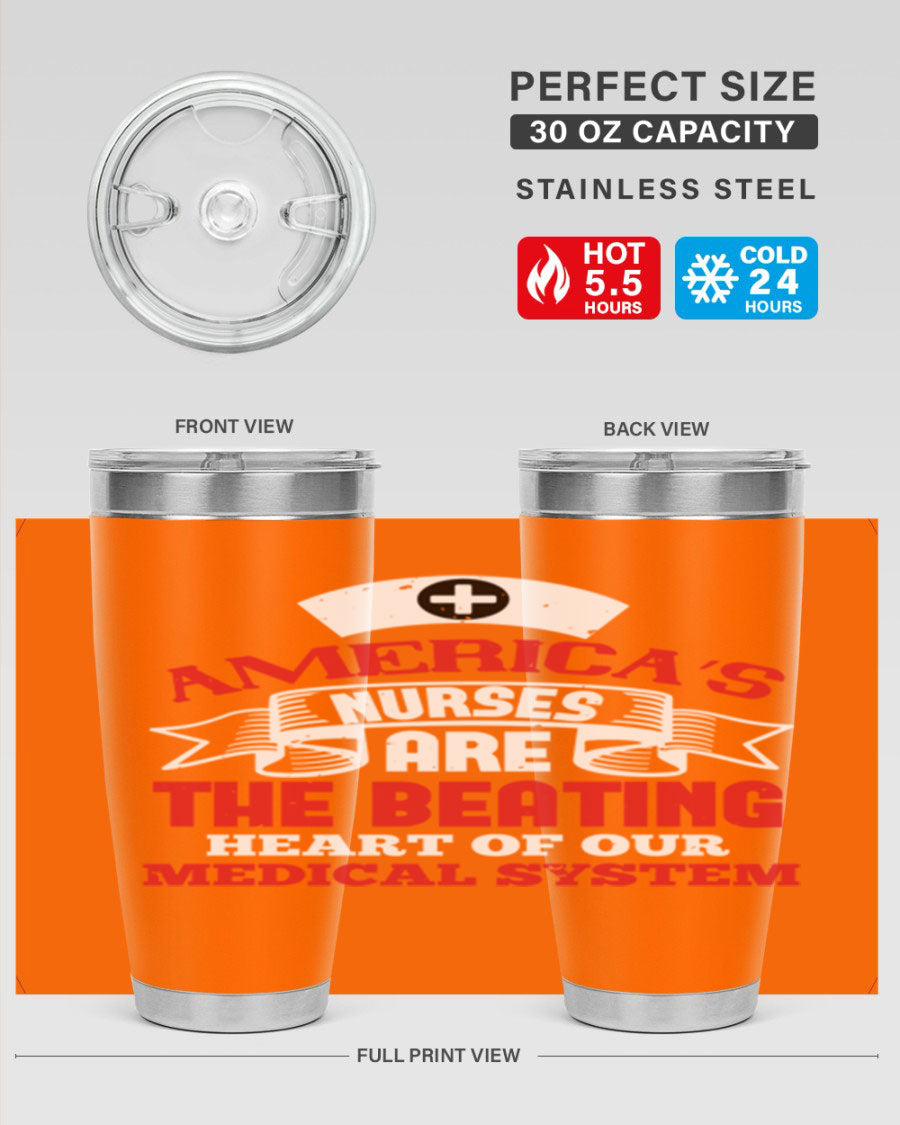 America's Nurses Style 295# tumbler in stainless steel with a vibrant print, showcasing its double wall vacuum design and drink-thru lid.