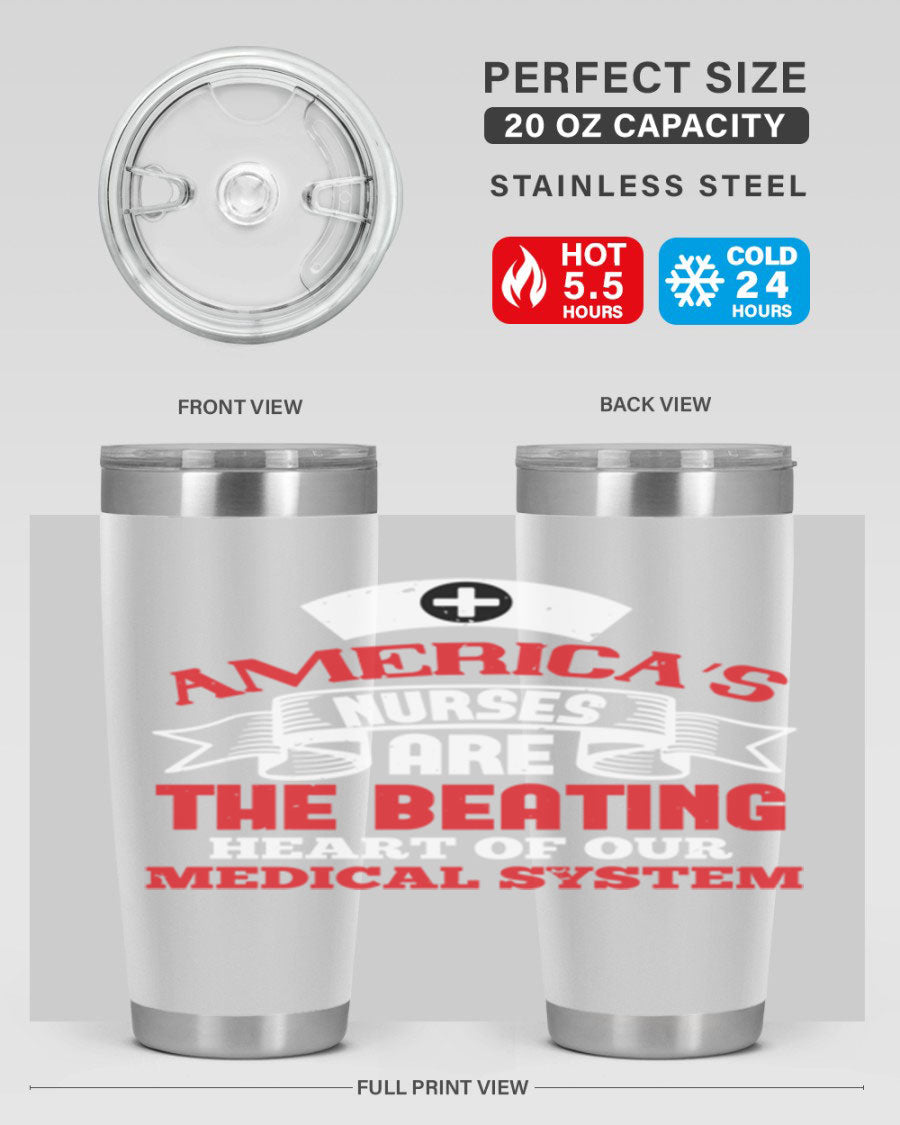 America's Nurses Style 295# tumbler in stainless steel with a vibrant print, showcasing its double wall vacuum design and drink-thru lid.