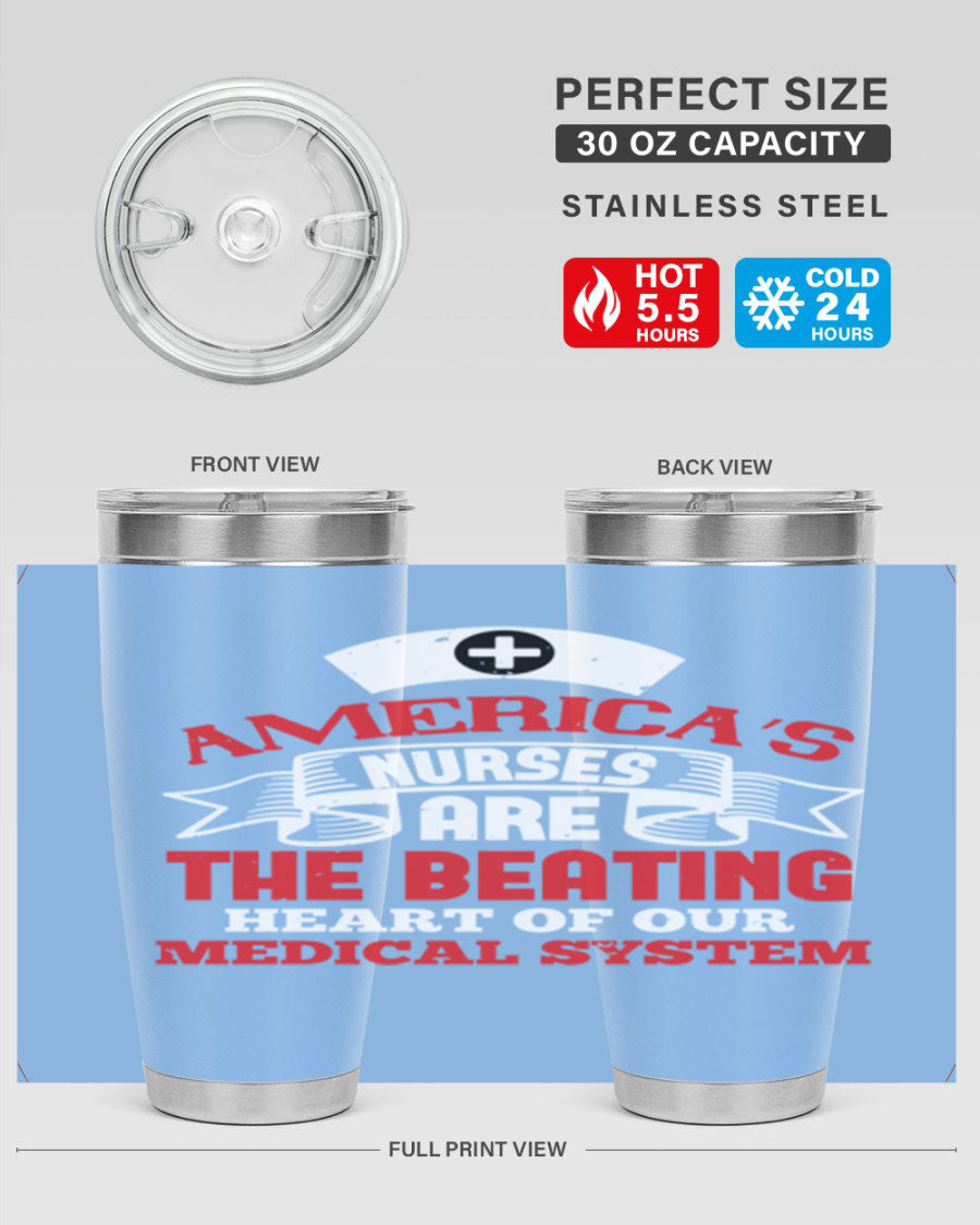 America's Nurses Style 295# tumbler in stainless steel with a vibrant print, showcasing its double wall vacuum design and drink-thru lid.