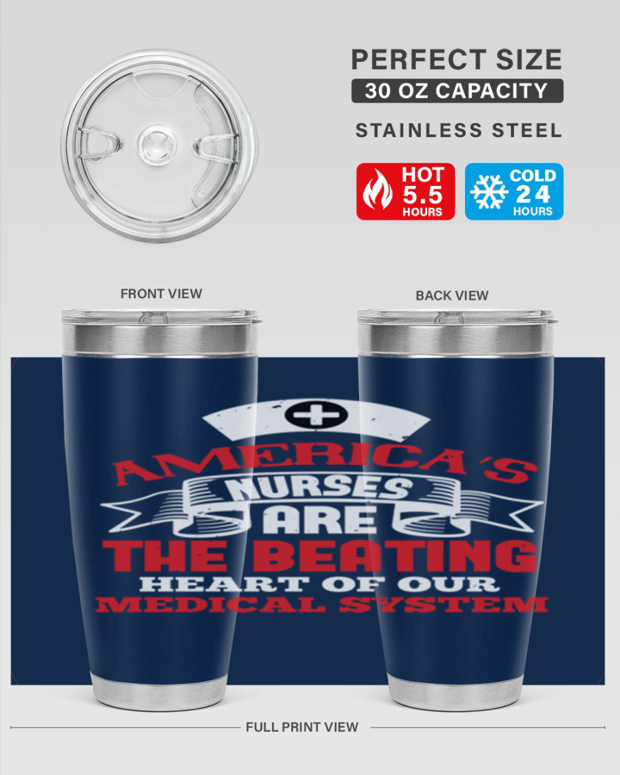 America's Nurses Style 295# tumbler in stainless steel with a vibrant print, showcasing its double wall vacuum design and drink-thru lid.
