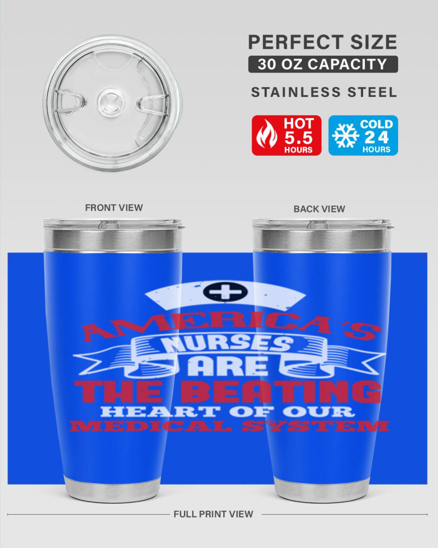 America's Nurses Style 295# tumbler in stainless steel with a vibrant print, showcasing its double wall vacuum design and drink-thru lid.