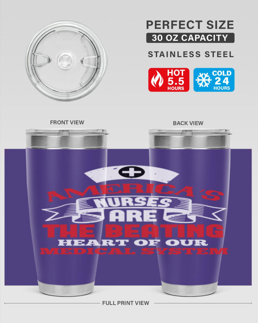 America's Nurses Style 295# tumbler in stainless steel with a vibrant print, showcasing its double wall vacuum design and drink-thru lid.