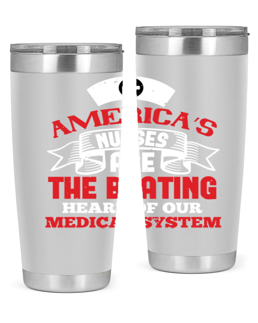America's Nurses Style 295# tumbler in stainless steel with a vibrant print, showcasing its double wall vacuum design and drink-thru lid.