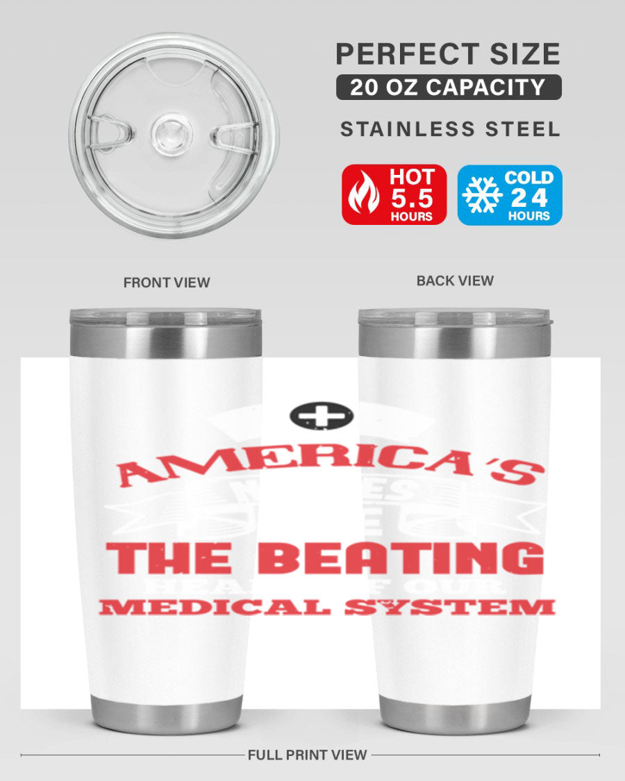 America's Nurses Style 295# tumbler in stainless steel with a vibrant print, showcasing its double wall vacuum design and drink-thru lid.