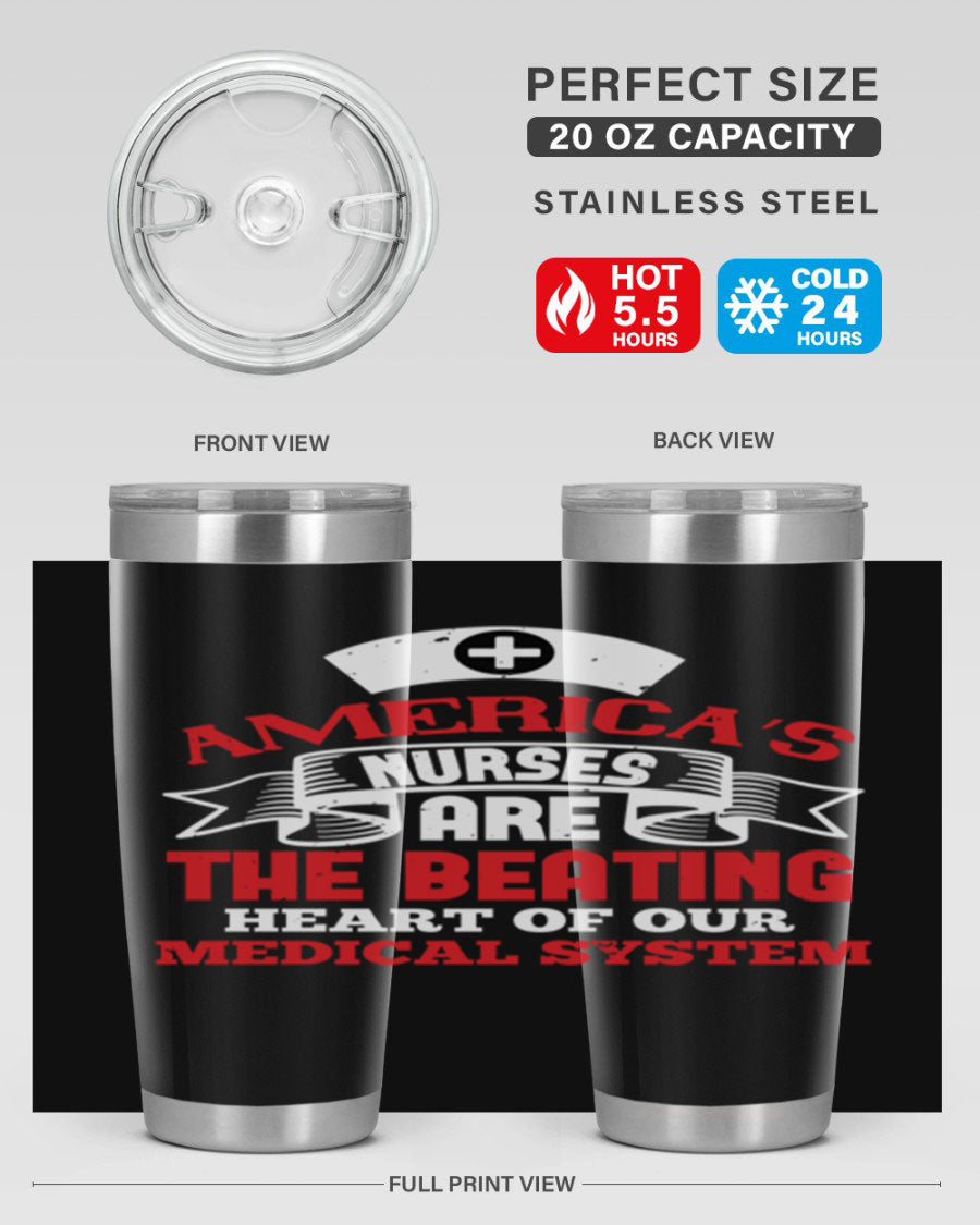 America's Nurses Style 295# tumbler in stainless steel with a vibrant print, showcasing its double wall vacuum design and drink-thru lid.