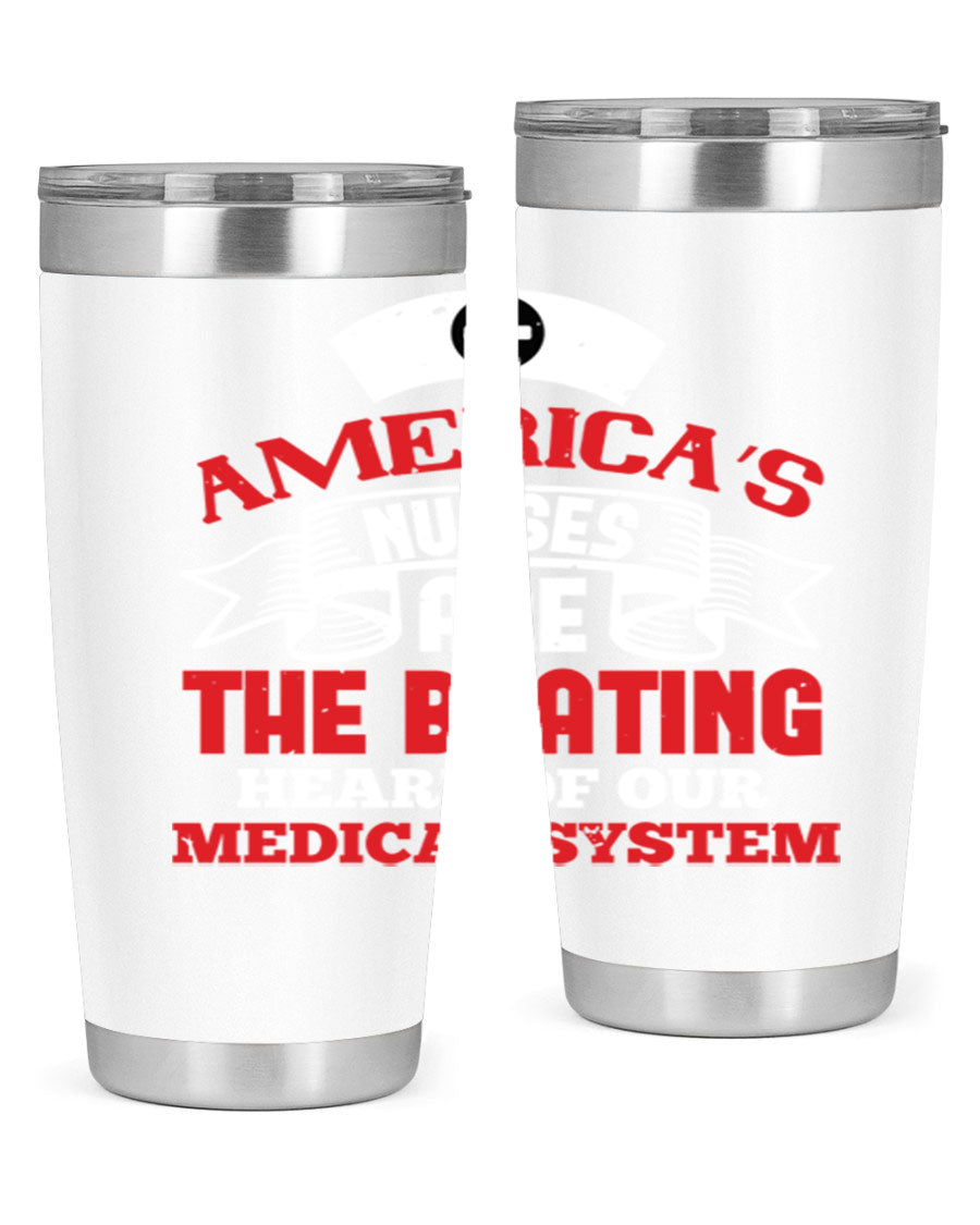 America's Nurses Style 295# tumbler in stainless steel with a vibrant print, showcasing its double wall vacuum design and drink-thru lid.