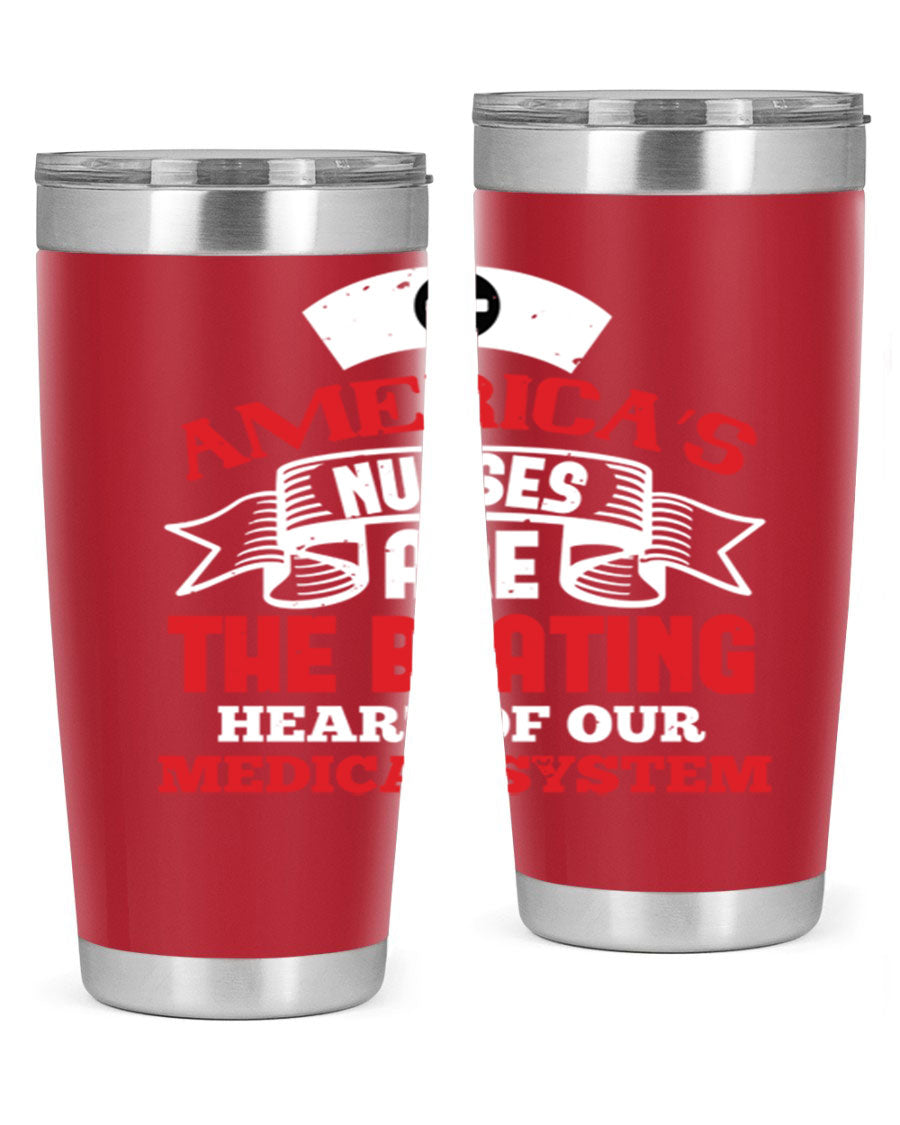 America's Nurses Style 295# tumbler in stainless steel with a vibrant print, showcasing its double wall vacuum design and drink-thru lid.