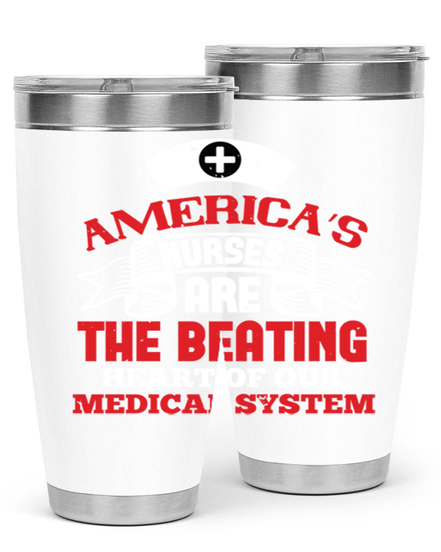 America's Nurses Style 295# tumbler in stainless steel with a vibrant print, showcasing its double wall vacuum design and drink-thru lid.